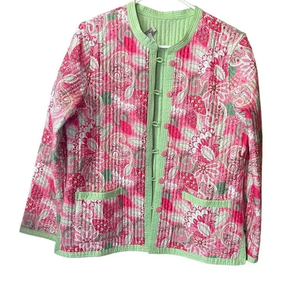 Appleseeds petites size PM reversible jacket paisley to lime green. Quilted